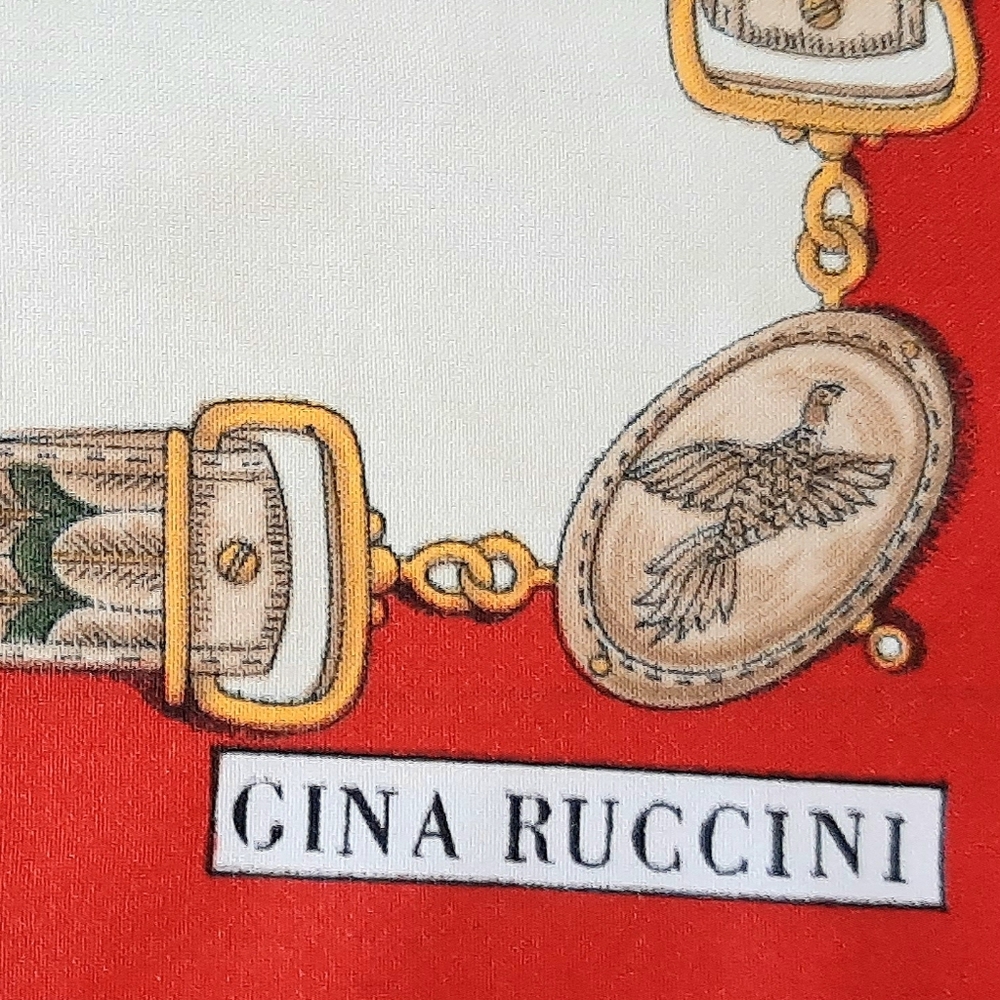 Gina Ruccini Red and Cream Scarf featuring Pheasants & Feathers